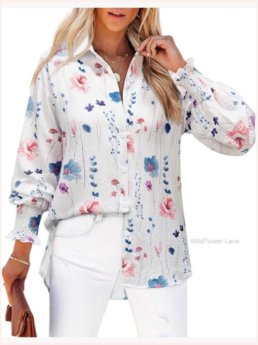 Striped Button Down Smocked Cuffed Oversized Boyfriend Blouse Top